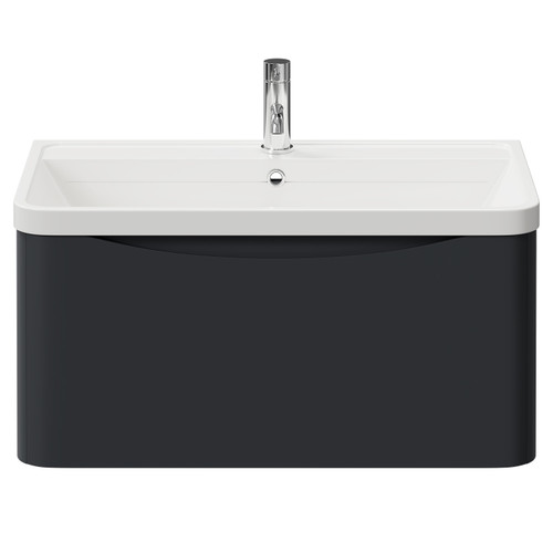 Vela Satin Anthracite 800mm Wall Mounted Single Drawer Vanity Unit with Leni Basin View from Front