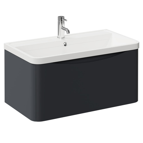 Vela Satin Anthracite 800mm Wall Mounted Single Drawer Vanity Unit with Leni Basin Left Hand View