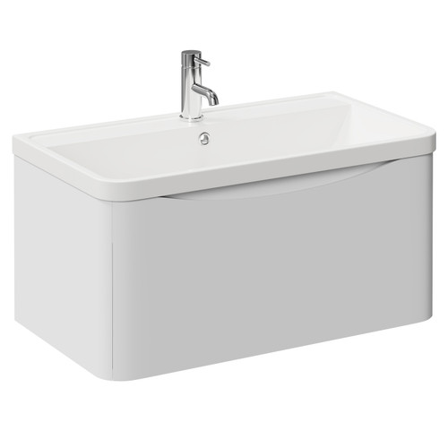 Vela Satin White 800mm Wall Mounted Single Drawer Vanity Unit with Leni Basin Left Hand View