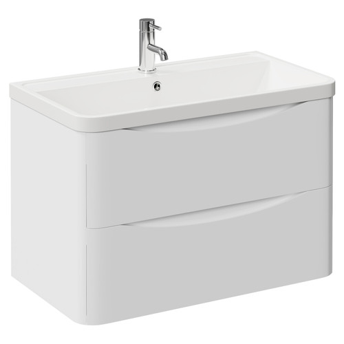 Vela Gloss White 800mm Wall Mounted 2 Drawer Vanity Unit with Leni Basin Left Hand View