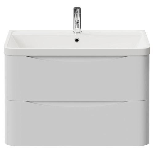 Vela Satin White 800mm Wall Mounted 2 Drawer Vanity Unit with Leni Basin View from Front