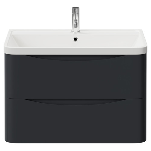 Vela Satin Anthracite 800mm Wall Mounted 2 Drawer Vanity Unit with Leni Basin View from Front