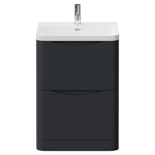 Vela Satin Anthracite 600mm 2 Drawer Vanity Unit with Fina Basin View from Front