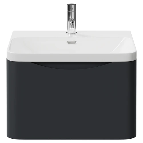 Vela Satin Anthracite 600mm Wall Mounted Single Drawer Vanity Unit with Fina Basin View from Front