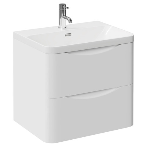 Vela Gloss White 600mm Wall Mounted 2 Drawer Vanity Unit with Fina Basin Left Hand View