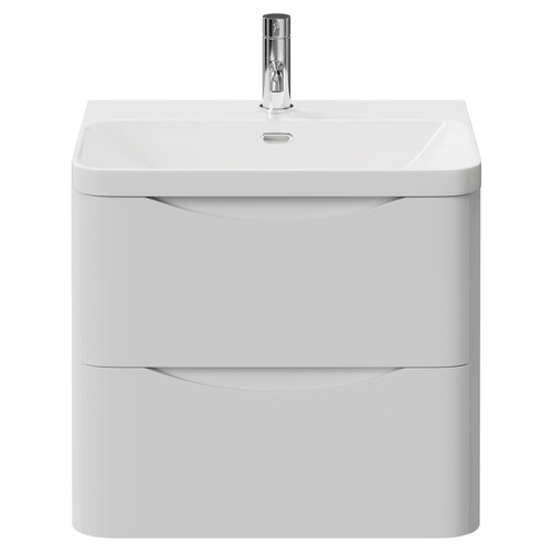 Vela Satin White 600mm Wall Mounted 2 Drawer Vanity Unit with Fina Basin View from Front