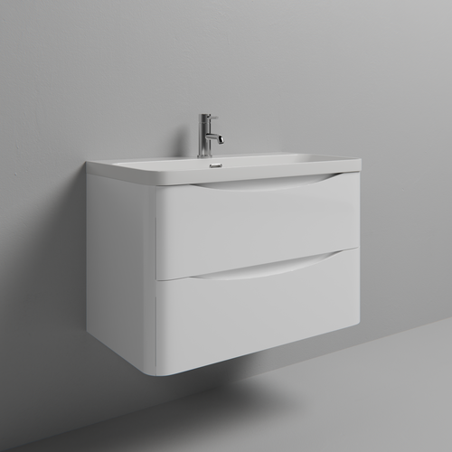 Vela Gloss White 800mm Wall Mounted 2 Drawer Vanity Unit with Fina Basin Studio Shot