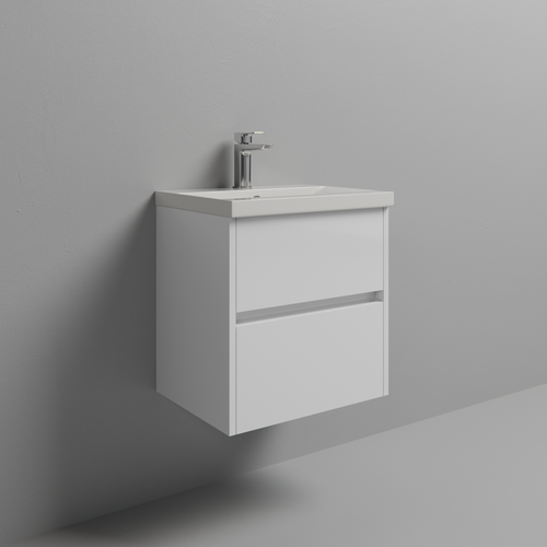 Montego Gloss White 500mm Wall Mounted 2 Drawer Vanity Unit with Glide Basin Studio Shot