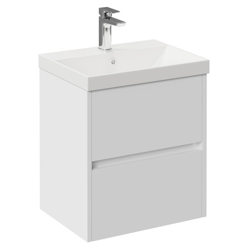 Montego Gloss White 500mm Wall Mounted 2 Drawer Vanity Unit with Rimini Basin Left Hand View