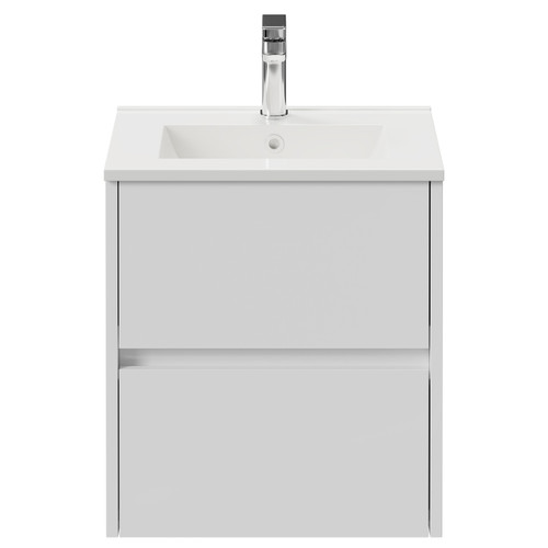 Montego Gloss White 500mm Wall Mounted 2 Drawer Vanity Unit with Angel Basin View from Front