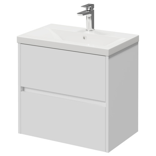 Montego Gloss White 600mm Wall Mounted 2 Drawer Vanity Unit with Glide Basin Right Hand View