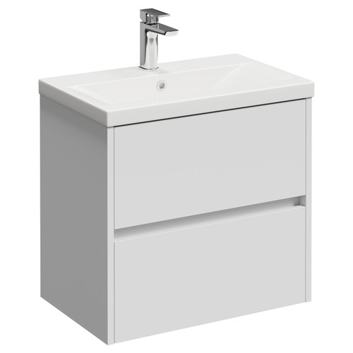 Montego Satin White 600mm Wall Mounted 2 Drawer Vanity Unit with Glide Basin Left Hand View
