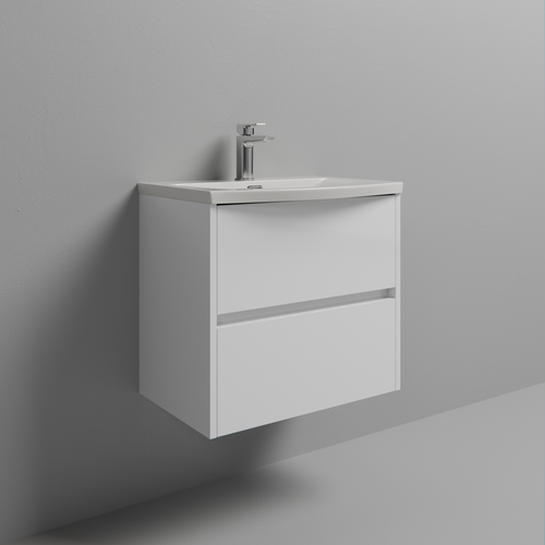 Montego Gloss White 600mm Wall Mounted 2 Drawer Vanity Unit with Arc Basin Studio Shot