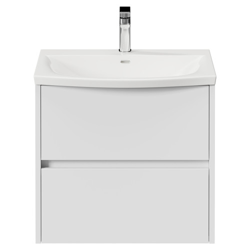 Montego Satin White 600mm Wall Mounted 2 Drawer Vanity Unit with Arc Basin View from Front