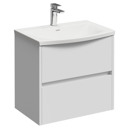 Montego Satin White 600mm Wall Mounted 2 Drawer Vanity Unit with Arc Basin Left Hand View