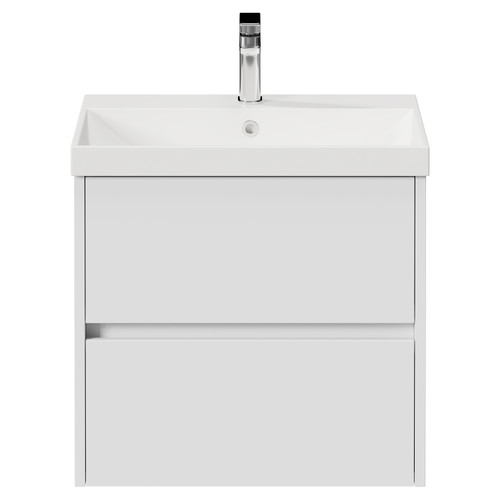 Montego Satin White 600mm Wall Mounted 2 Drawer Vanity Unit with Rimini Basin View from Front