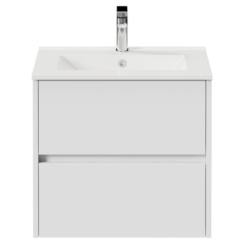 Montego Satin White 600mm Wall Mounted 2 Drawer Vanity Unit with Angel Basin View from Front