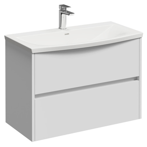 Montego Satin White 800mm 2 Drawer Wall Mounted Vanity Unit with Arc Basin Left Hand View