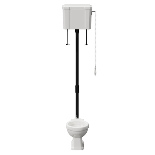 Windsor Traditional High and Low Level Toilet Pan with Cistern and Matt Black High Level Flush Pipe Kit Front View