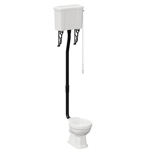 Windsor Traditional High and Low Level Toilet Pan with Cistern and Matt Black High Level Flush Pipe Kit Left Hand View
