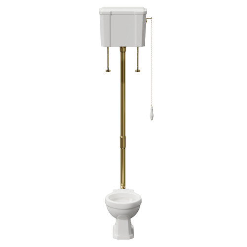 Windsor Traditional High and Low Level Toilet Pan with Cistern and Brushed Brass High Level Flush Pipe Kit Front View