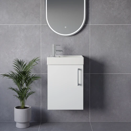 Napoli Cube Gloss White 400mm Wall Mounted Single Door Vanity Unit with Align Basin Lifestyle Image