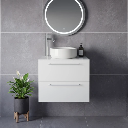 Napoli 460 Gloss White 600mm Wall Mounted 2 Drawer Vanity Unit for Countertop Basins Lifestyle Image