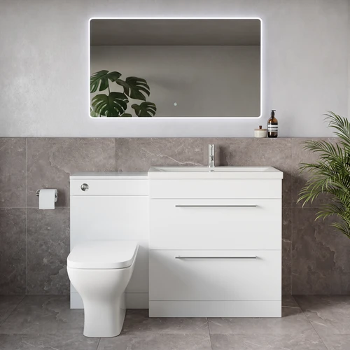 Napoli 390 Gloss White 1300mm 2 Drawer Vanity Unit Toilet Suite with Glide Basin Lifestyle Image