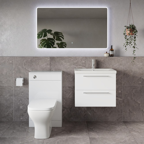Napoli 390 Gloss White 1100mm Wall Mounted 2 Drawer Vanity Unit and Toilet Suite with Glide Basin Lifestyle Image