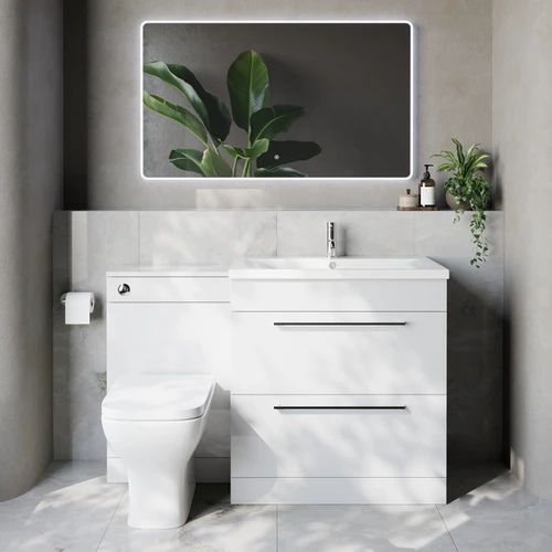 Napoli 460 Gloss White 1300mm 2 Drawer Vanity Unit Toilet Suite with Glide Basin Lifestyle Image