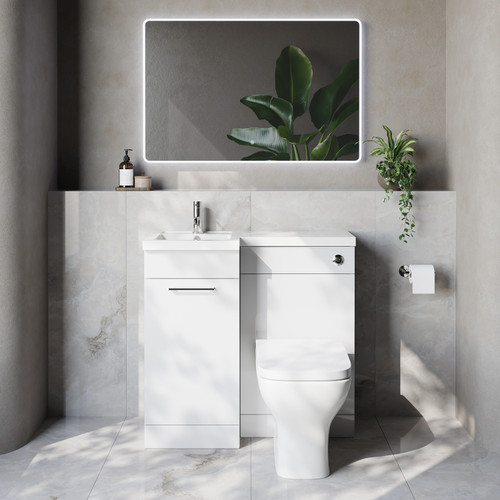 Napoli 390 Gloss White 900mm Single Door Vanity Unit Toilet Suite with Left Hand Square Lucia Basin Lifestyle Image