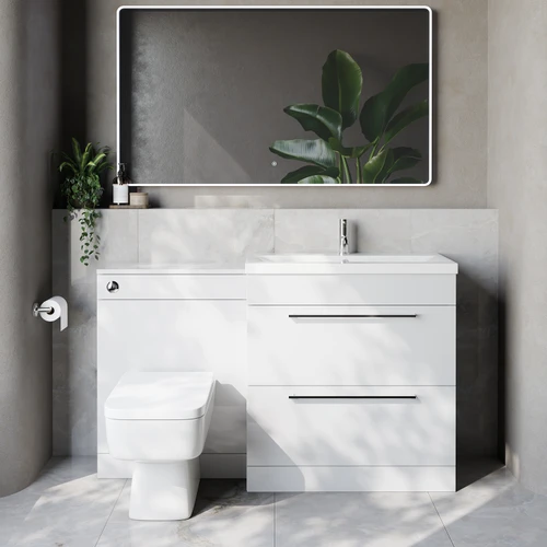 Napoli 390 Cento Gloss White 1400mm 2 Drawer Vanity Unit Toilet Suite with Glide Basin Lifestyle Image