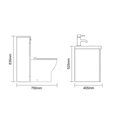 Napoli 390 Cento Gloss White 1400mm Wall Mounted 2 Drawer Vanity Unit and Toilet Suite with Glide Basin Side on Dimensions