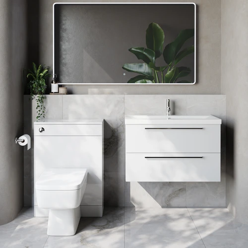 Napoli 390 Cento Gloss White 1400mm Wall Mounted 2 Drawer Vanity Unit and Toilet Suite with Glide Basin Lifestyle Image