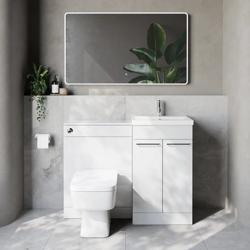 Napoli 390 Cento Gloss White 1100mm 2 Door Vanity Unit Toilet Suite with Glide Basin Lifestyle Image
