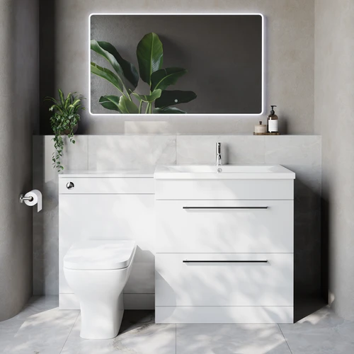 Napoli 460 Cento Gloss White 1400mm 2 Drawer Vanity Unit Toilet Suite with Glide Basin Lifestyle Image