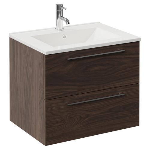 Napoli 460 Brown Oak 600mm Wall Mounted 2 Drawer Vanity Unit with Angel Basin Left Hand View