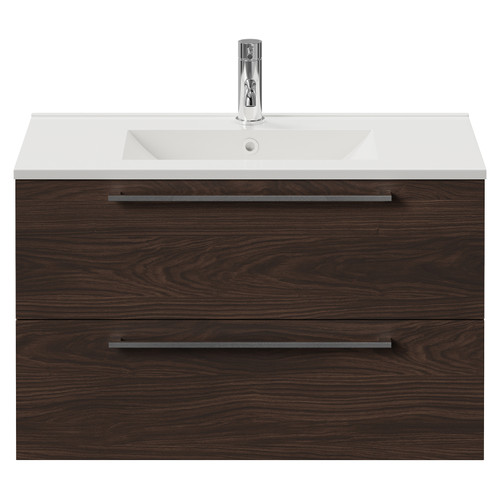 Napoli 390 Brown Oak 800mm Wall Mounted 2 Drawer Vanity Unit with Angel Basin Front View