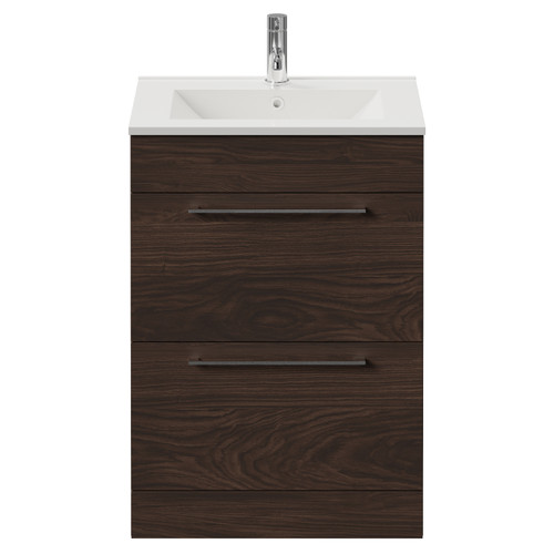 Napoli 460 Brown Oak 600mm 2 Drawer Vanity Unit with Angel Basin Front View