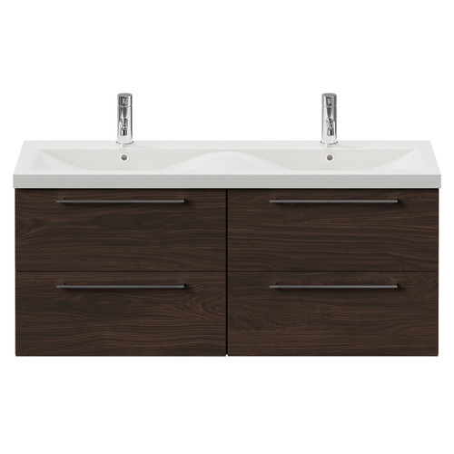 Napoli 390 Brown Oak 1200mm Wall Mounted 4 Drawer Vanity Unit with Double Glide Basins Front View