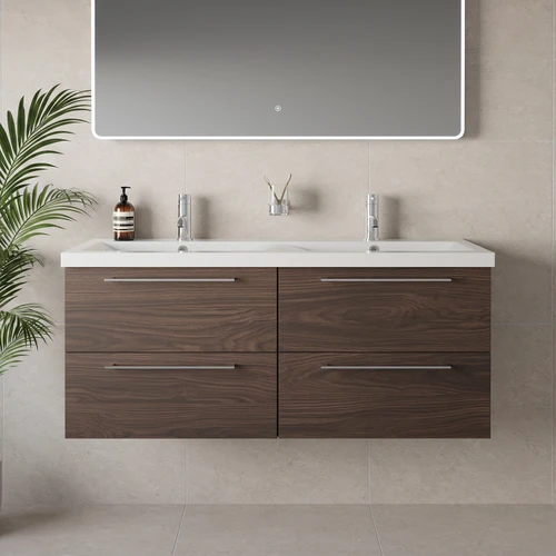 Napoli 390 Brown Oak 1200mm Wall Mounted 4 Drawer Vanity Unit with Double Glide Basins Lifestyle Image