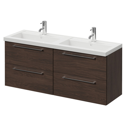 Napoli 390 Brown Oak 1200mm Wall Mounted 4 Drawer Vanity Unit with Double Lucia Basins Right Hand View