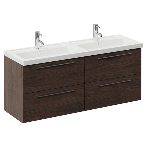 Napoli 390 Brown Oak 1200mm Wall Mounted 4 Drawer Vanity Unit with Double Lucia Basins Left Hand View