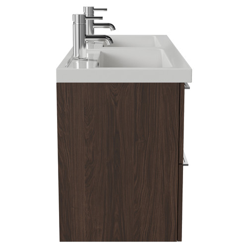 Napoli 390 Brown Oak 1200mm Wall Mounted 4 Drawer Vanity Unit with Double Lucia Basins Side View