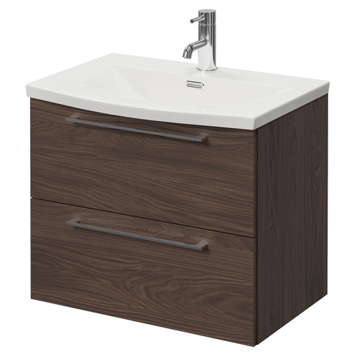 Napoli 390 Brown Oak 600mm Wall Mounted 2 Drawer Vanity Unit with Arc Basin Right Hand View