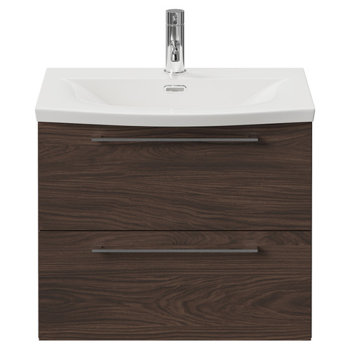 Napoli 390 Brown Oak 600mm Wall Mounted 2 Drawer Vanity Unit with Arc Basin Front View