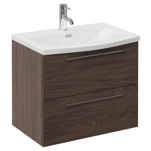 Napoli 390 Brown Oak 600mm Wall Mounted 2 Drawer Vanity Unit with Arc Basin Left Hand View