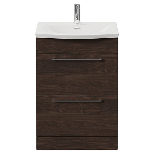 Napoli 390 Brown Oak 600mm 2 Drawer Vanity Unit with Arc Basin Front View