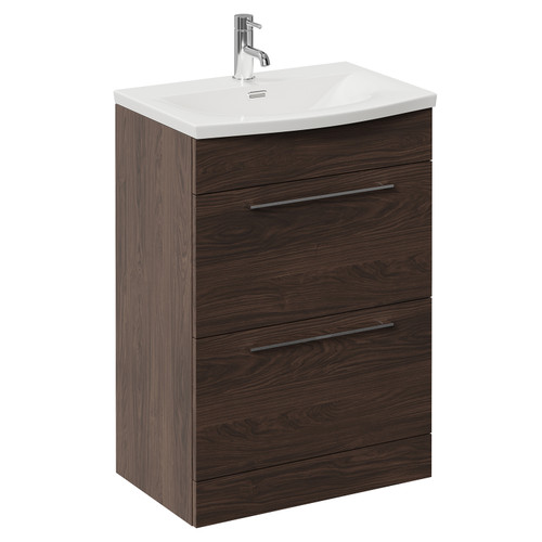 Napoli 390 Brown Oak 600mm 2 Drawer Vanity Unit with Arc Basin Left Hand View