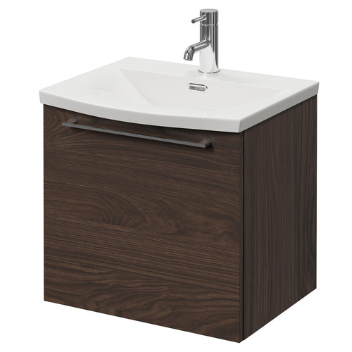 Napoli 390 Brown Oak 500mm Wall Mounted Single Drawer Vanity Unit with Arc Basin Right Hand View